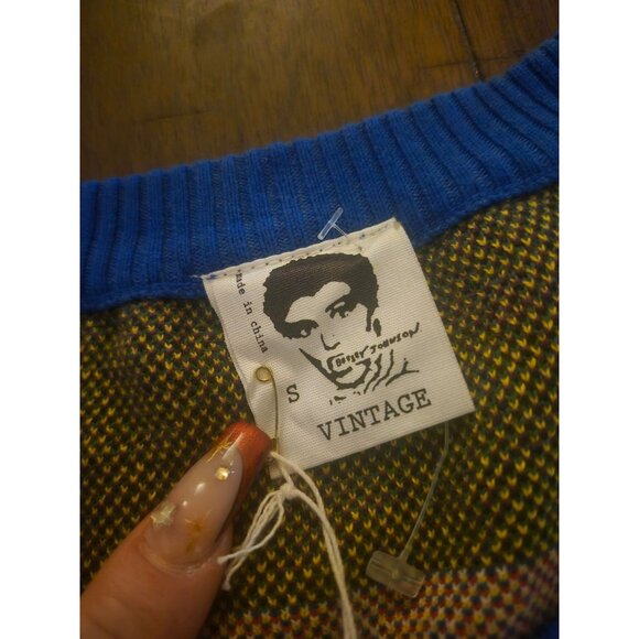 Betsey Johnson Vintage Knit Sweater Dress Folk Art Pattern Yellow/Blue/Purple S - Picture 7 of 8